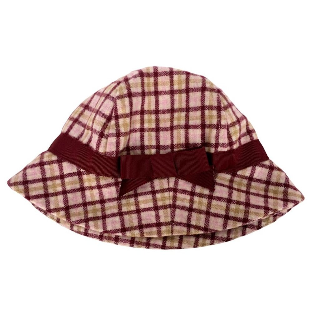 Janie and Jack Baby Hat Autumn Equestrian Pink Plaid Maroon Bow 0 to 6 months